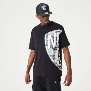 Camiseta New Era Brooklyn Nets NBA Large Team Logo Oversized Negros | WUSZT-5417