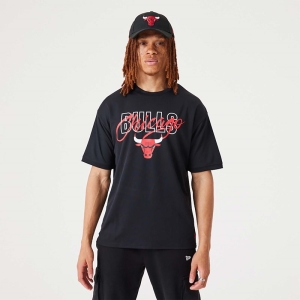 Camiseta New Era Chicago Bulls NBA Script Oversized Negros | EMQXN-7286