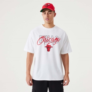 Camiseta New Era Chicago Bulls NBA Script Oversized Blancos | IBVXJ-4527