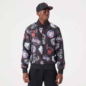 Chaquetas New Era NBA All Over Print Team Logos Bomber Negros | YVRBJ-1603